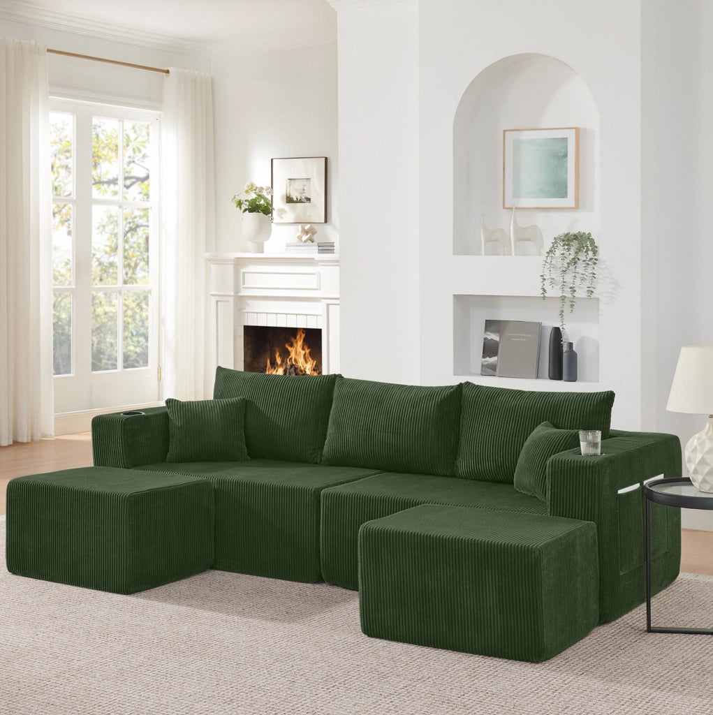 Divano angolare modulare verde 3 posti in schiuma con pouf mobili