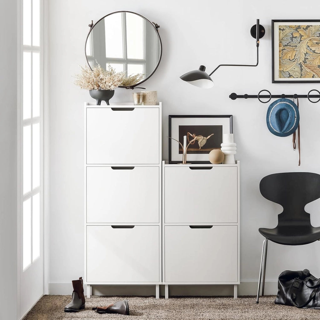 Scarpiera Salvaspazio Slim da Ingresso Mobile Portascarpe con 2 Ante a Ribalta Regolabili in Legno Armadio Scarpiera Alta e Stretta per Corridoio, 50x19x90 cm，Bianco, FSR151-W
