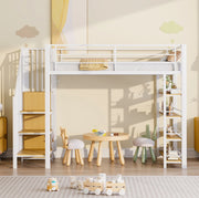 Letto a soppalco ULEVR 90x200 cm con scala contenitore, piccolo guardaroba e ripiani, bianco