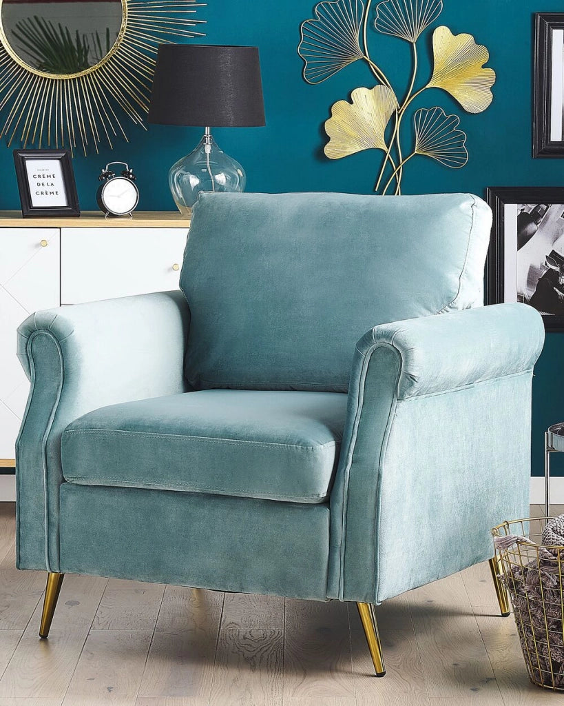 Poltrona Verde Menta Rivestimento Tessuto Velluto Gambe In Metallo dorato Cuscini Seduta E Schienale Sfoderabili Stile Retrò Glam