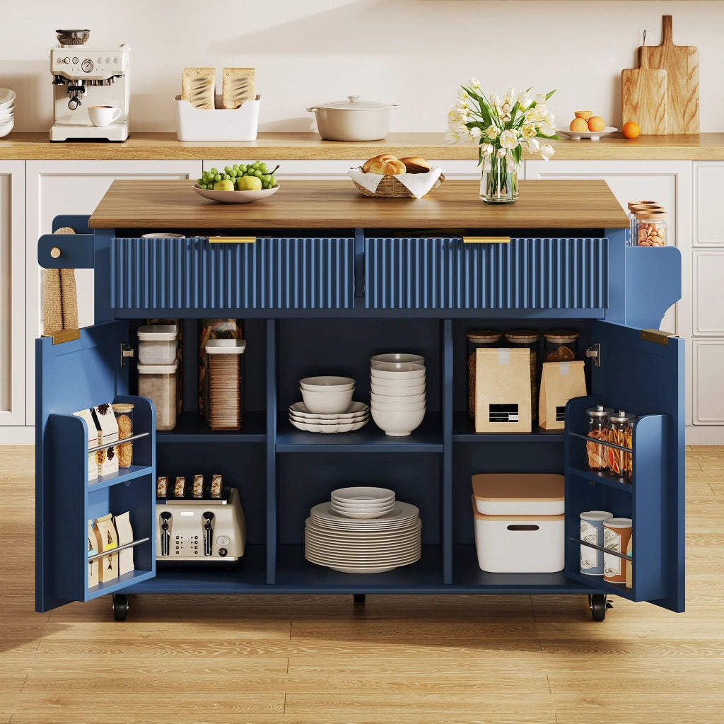 Isola da cucina su ruote 143x45/69x89;5 cm con piano ribaltabile blu e marrone