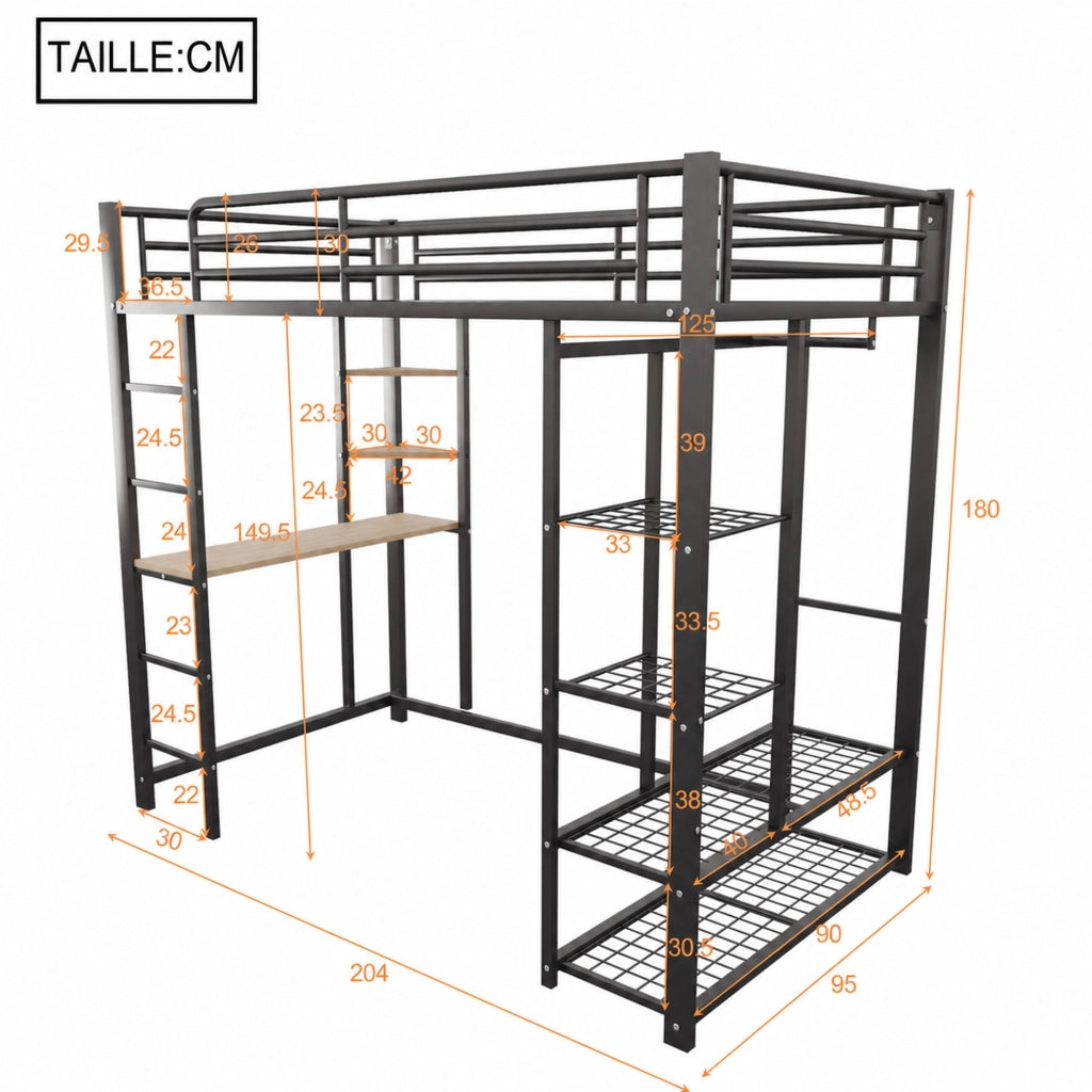 DESMIU Letto a soppalco letto singolo 1 posto con scrivania, scaffali e appendiabiti, 90 × 200 cm, senza materasso, nero