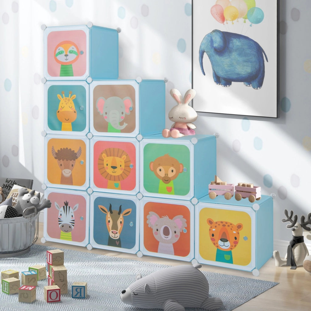 Armadio portatile per bambini, Armadio con 12 cubi con 2 sezioni appendibili com¨° con cartoon Blu