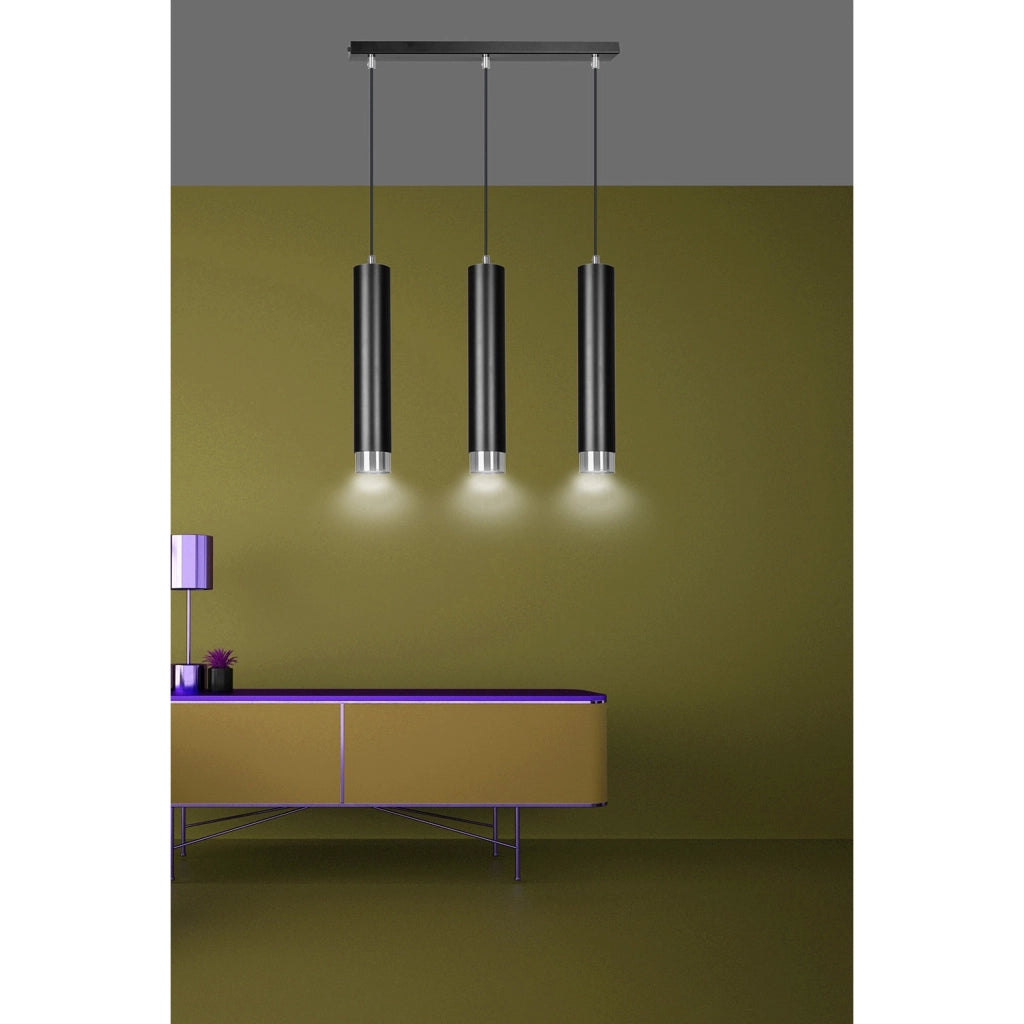 Lampadario 3 Luci Wagner In Acciaio Nero E Tubolari In Nero E Cromo