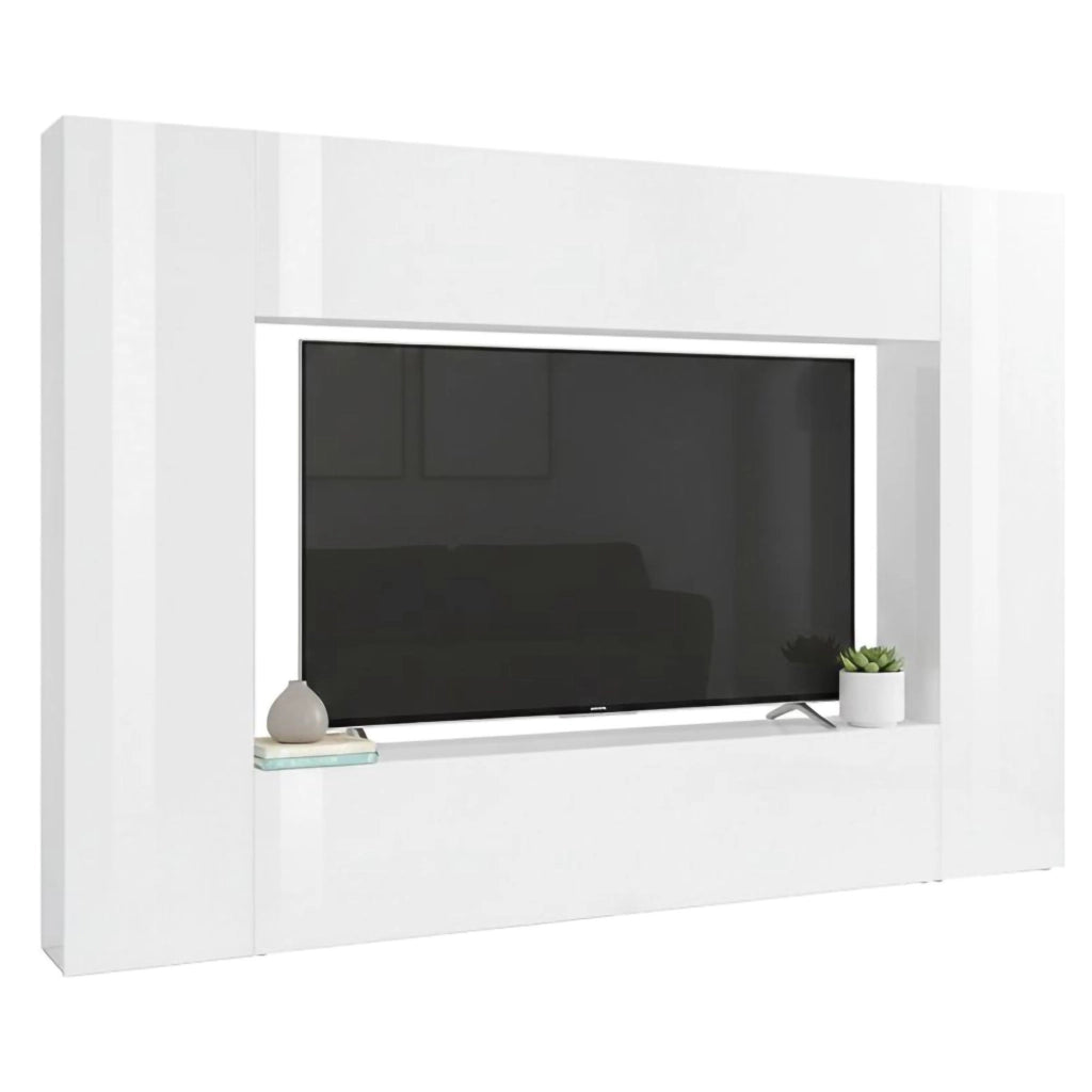 Parete attrezzata da Amel, Made in Italy, Porta TV, Set salotto moderno, cm 260x30h180, Bianco lucido