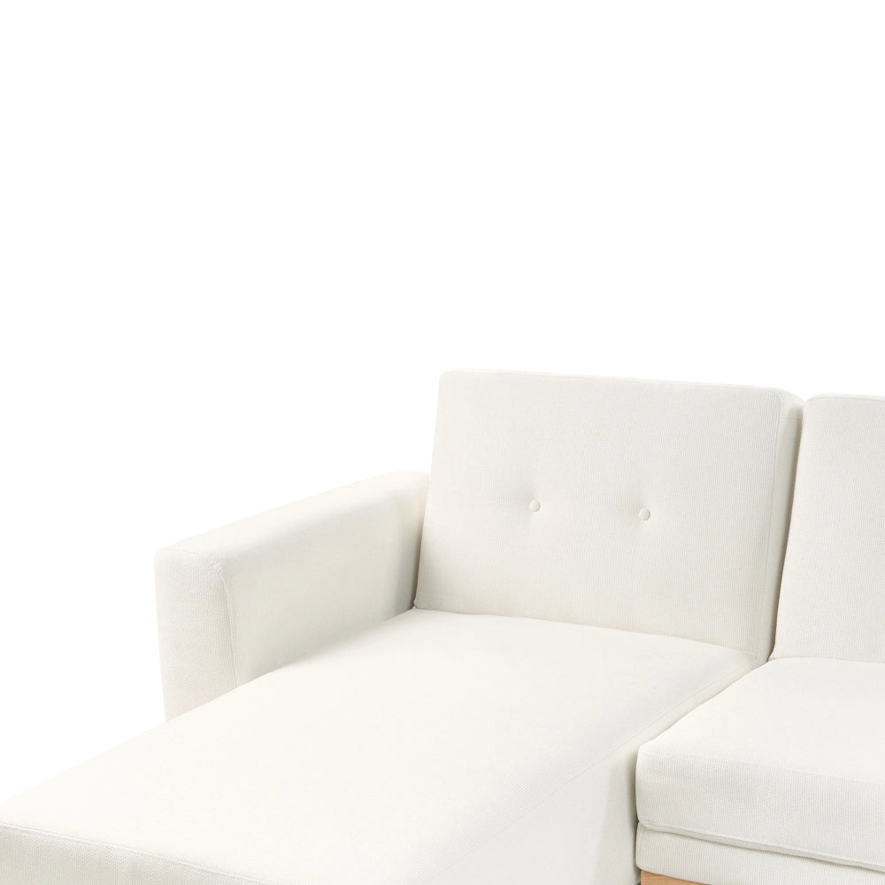 Divano Angolare ad Angolo Destro Bianco in Tessuto Imbottito a L con Seduta Trapuntata Cuscini Decorativi e Funzione Letto