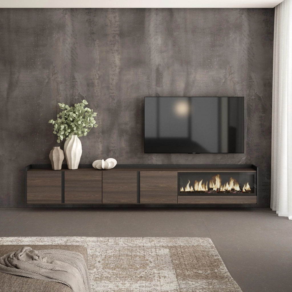 Mobile TV Soggiorno, 315x50x35 cm, Per TV fino a 80", Camino elettrico XXL, Sospeso, da appendere, Rovere scuro e Nero