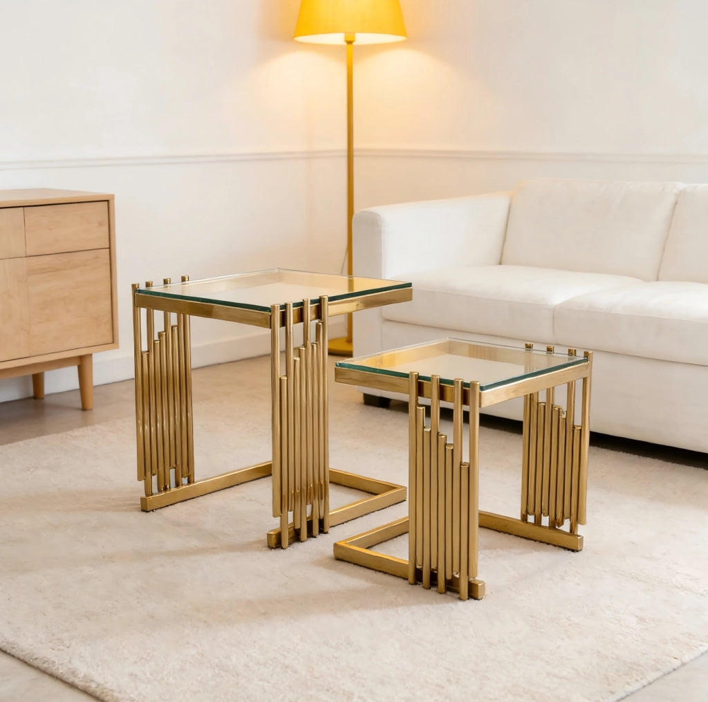 Set di 2 tavolini quadrati oro con vetro temperato trasparente