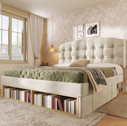Letto imbottito 140x200 cm con testiera regolabile; cassetti e contenitori; velluto beige