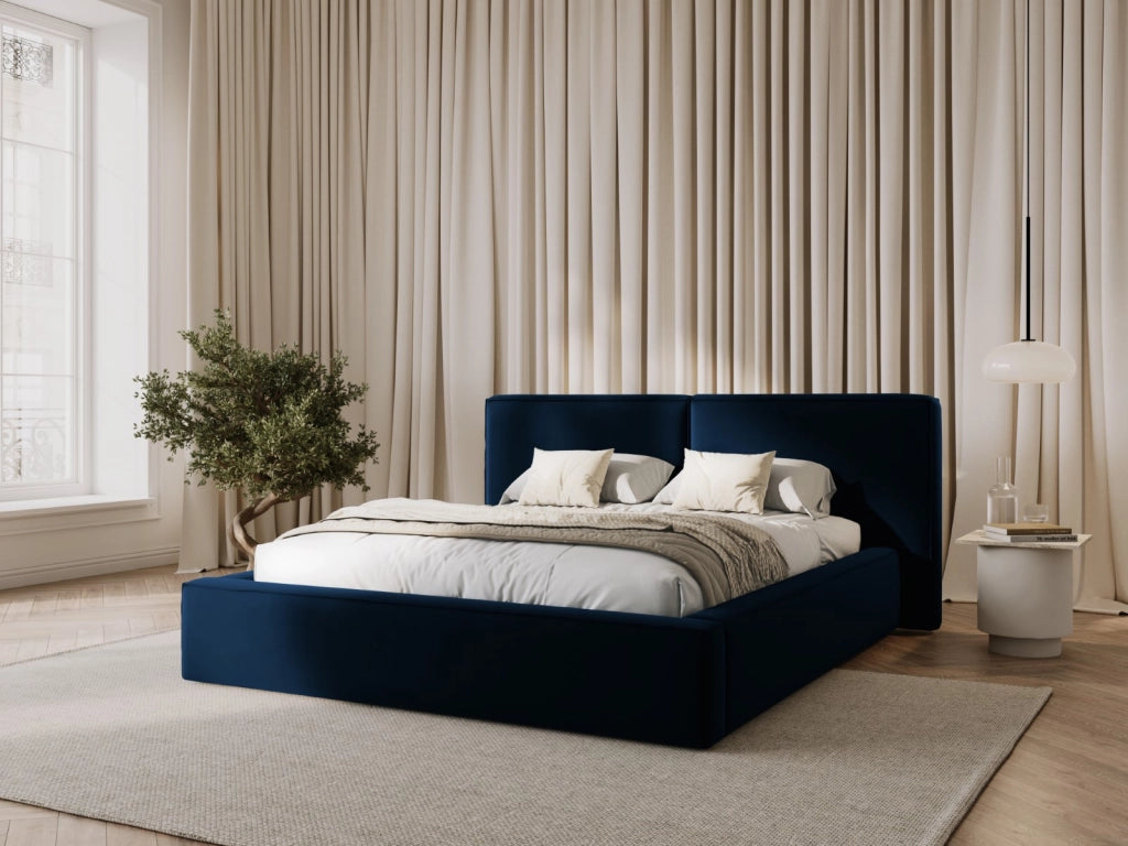 Cosmopolitan Design - Letto a cassettone con testiera doppia "Arendal" 160x200cm in velluto blu reale 