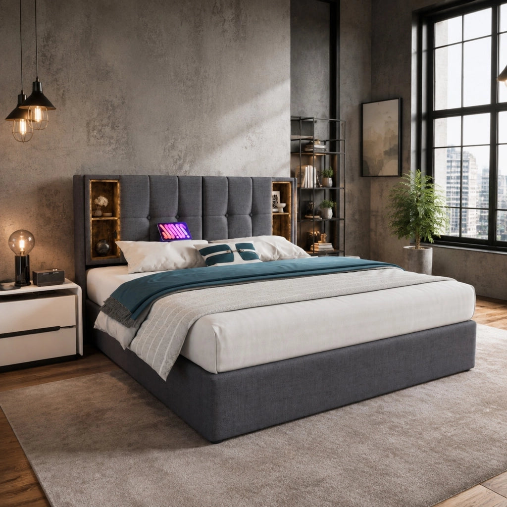Letto imbottito contenitore 140x200 cm grigio con ricarica