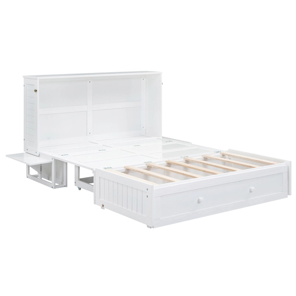 Letto a scomparsa 140x200 cm in pino e MDF; con cassetto e mensole laterali; bianco