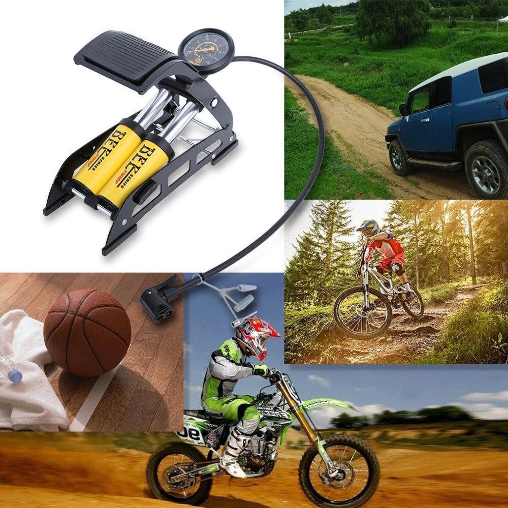 Trade Shop - Gonfiatore Pompa A Pedale Manometro A 2 Cilindri Bici Auto Moto 10 Bar 160 Psi -