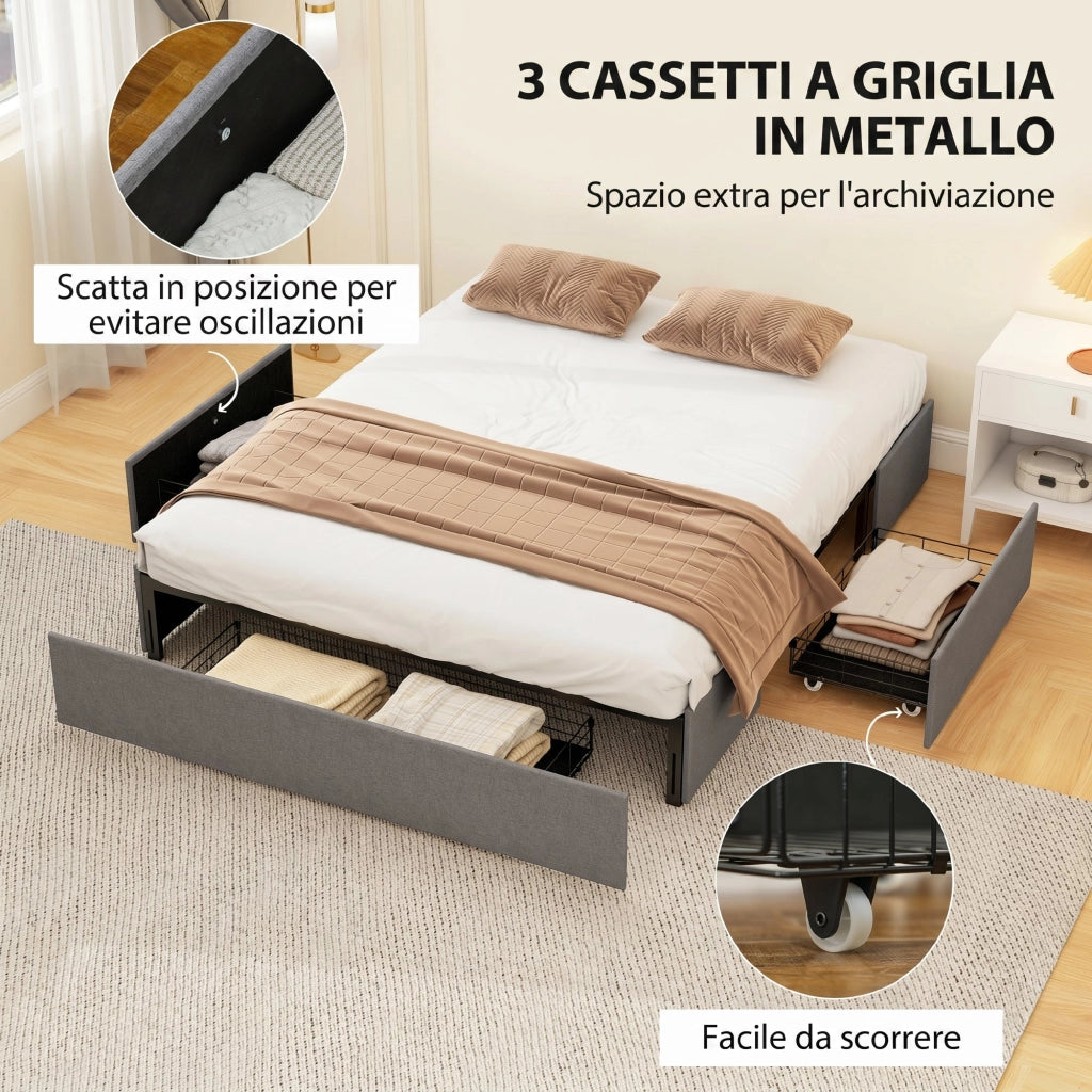 Letto Matrimoniale Contenitore in Legno con Doghe e Cassetti ¨C Zephmum ¨C Grigio 165x193x30 cm