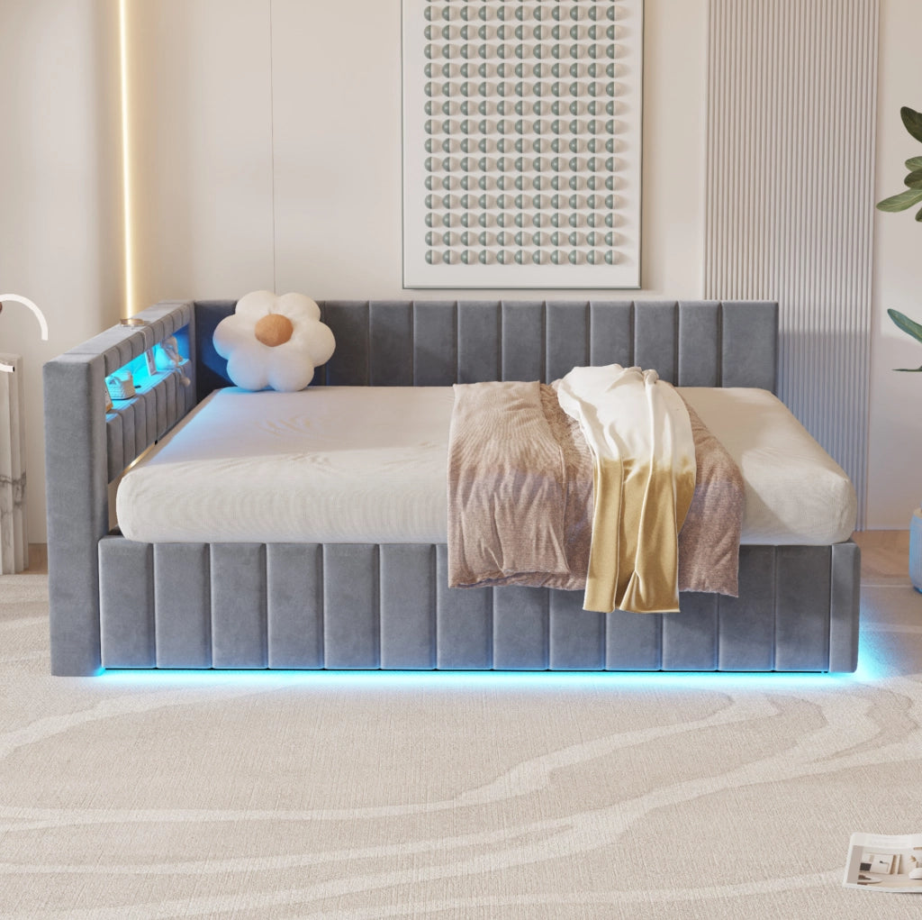Letto matrimoniale imbottito 140x200 cm con contenitore idraulico; LED e USB; velluto grigio