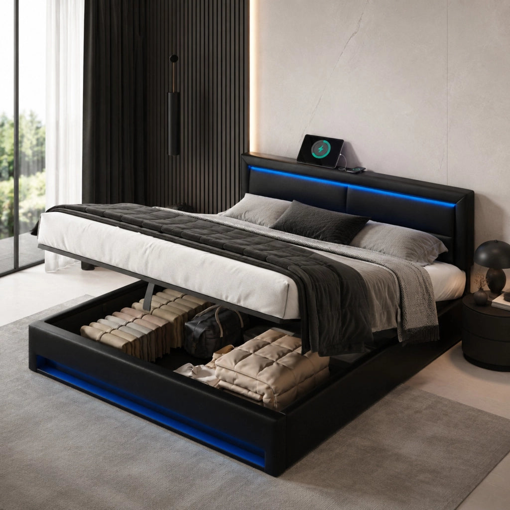 LETTO imbottito 140x190 cm PU nero con USB, LED e contenitore