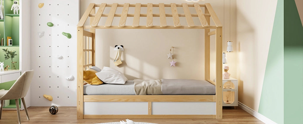 LETTO Bambini 90 x 200 cm in legno bianco e naturale con tetto, finestre e contenitore idraulico
