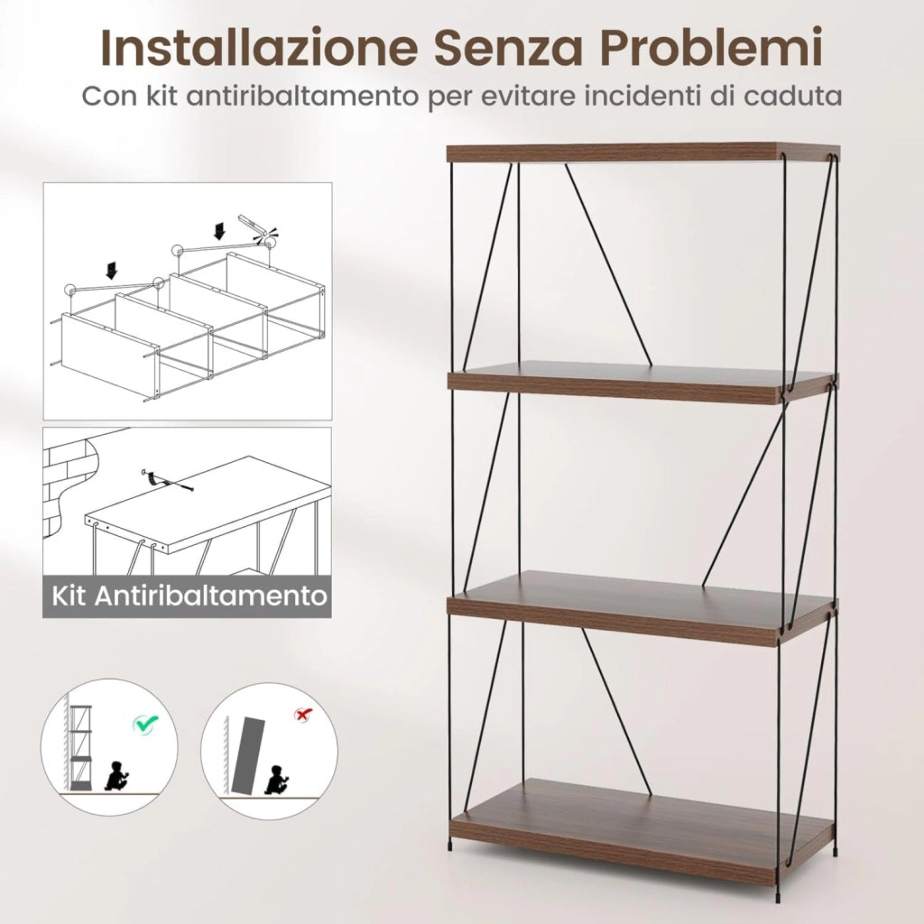 Scaffale Multiuso a 2/3/4/5 Ripiani, Libreria Autoportante con Struttura in Metallo, Stile Industriale, per Camera da Letto, Soggiorno Ufficio Studio (4 Livelli 61x29,5x105 cm)