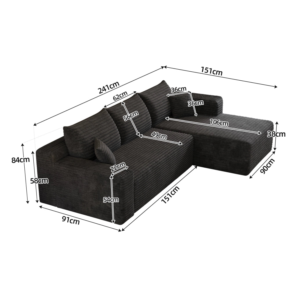 Divano angolare in tessuto a coste con seduta profonda e montaggio rapido per soggiorno nero 241 × 151 × 58 cm