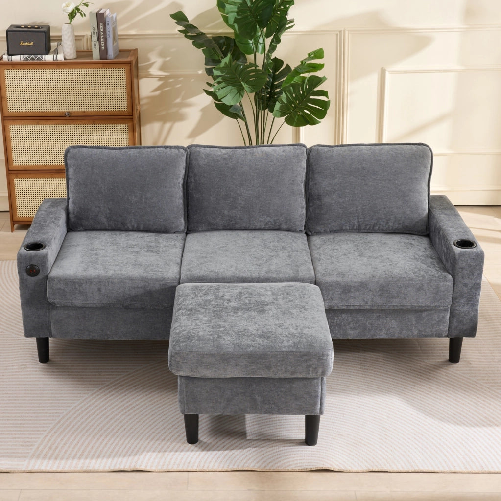 Divano angolare ULEVR 202x137 cm con pouf modulabile, 2 USB, Type-C e portabicchieri, grigio in lino