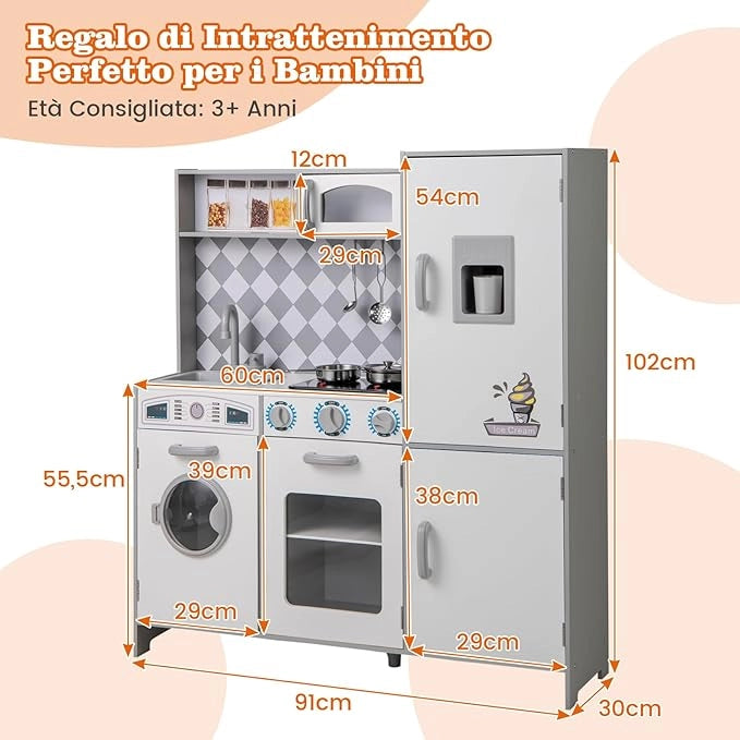 Cucina Giocattolo per Bambini, Cucina per Bambini in Legno con Forno, Microonde, Macchina del Ghiaccio, Lavatrice, Lavello e Rubinetto, Con Suoni e Luci Reali, per Bambini 3+ Anni