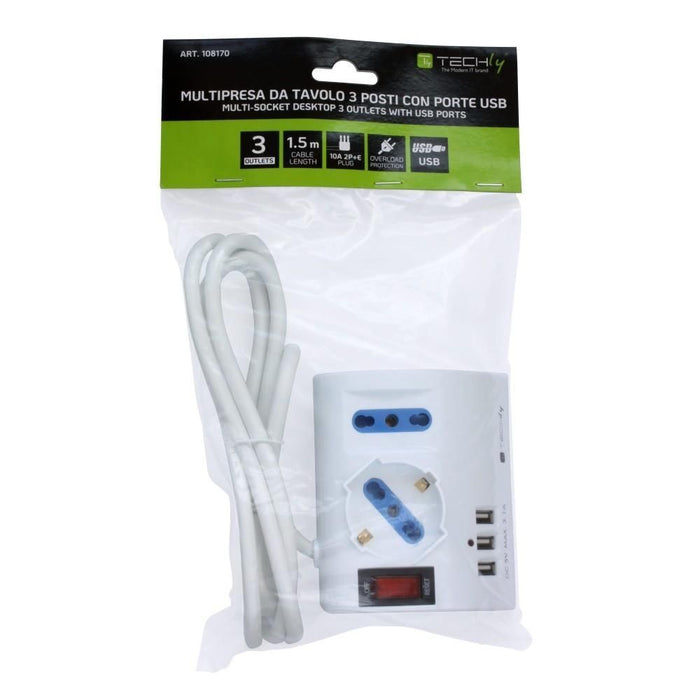 Techly Multipresa da Tavolo 3 Posti con Porte USB