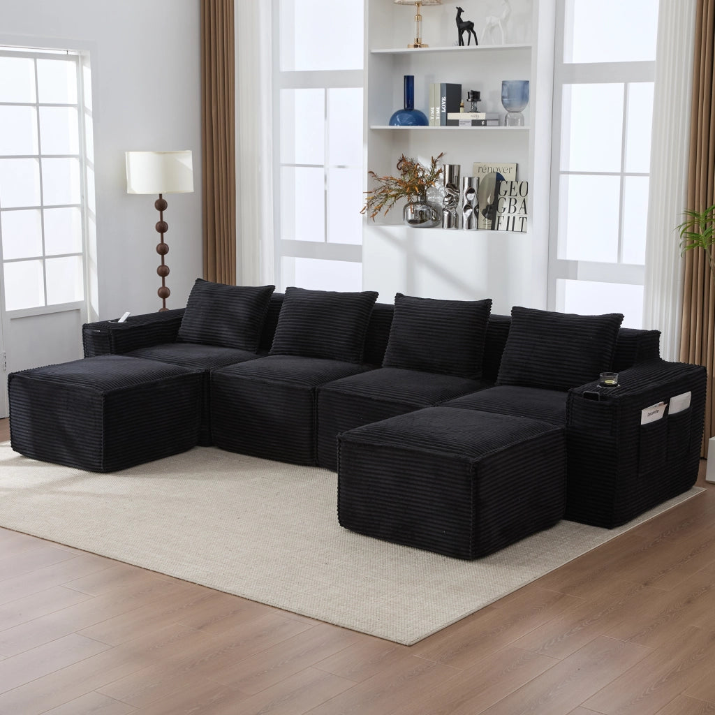 DIVANO MODULARE 4 POSTI 330x162x75 cm Velluto a coste Nero con 2 pouf