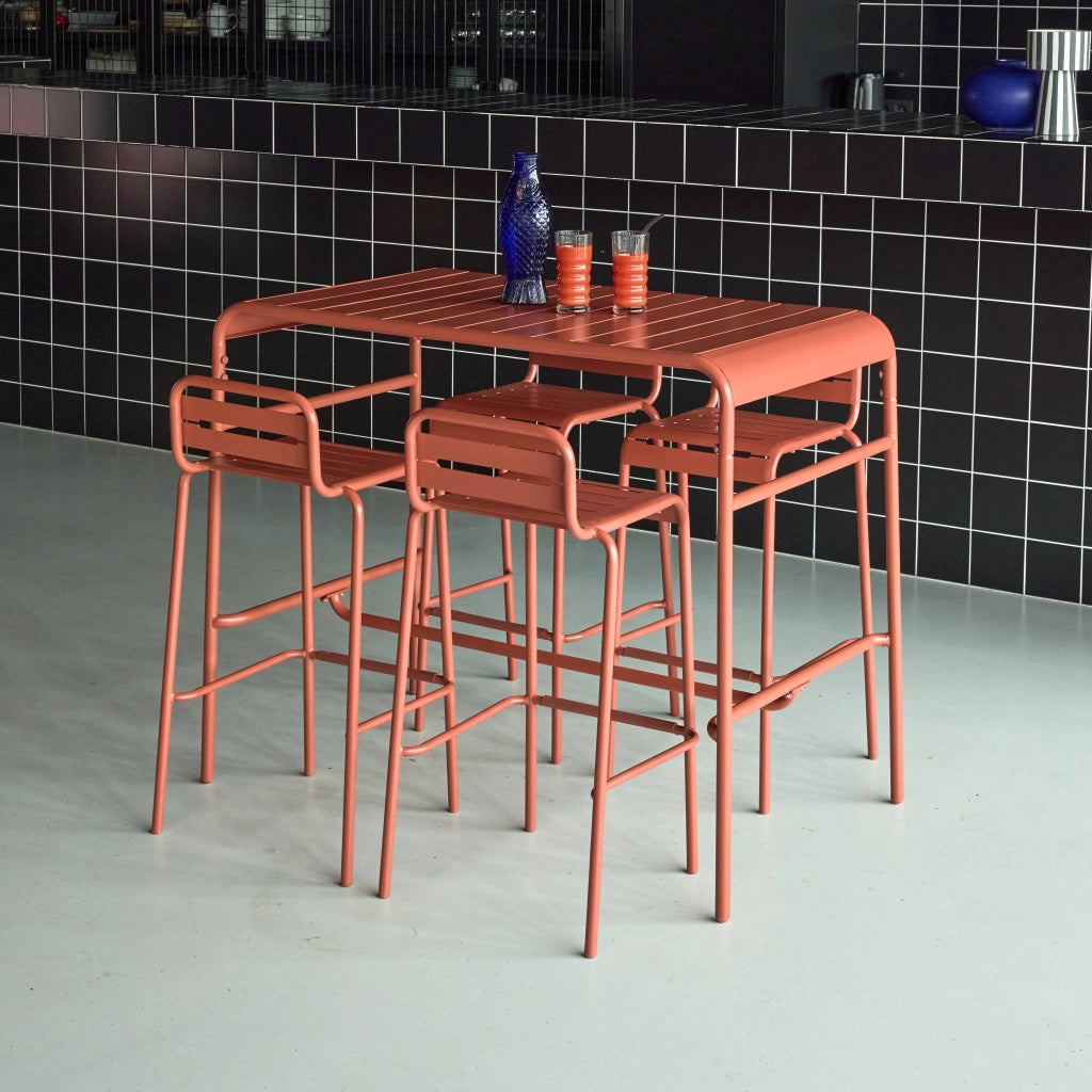 Set tavolo alto da giardino in acciaio con 4 sgabelli, 120cm,