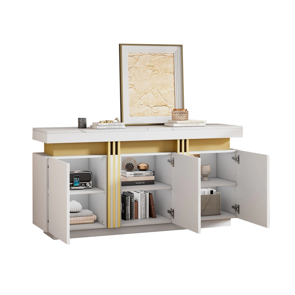 Credenza con 3 Ante e 6 Scomparti; Ripiani Regolabili; Effetto Marmo; in Pannello di Particelle; Bianco; 140??38??70 cm