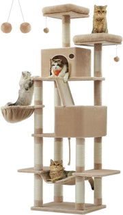 Feandrea Albero per Gatti, Alto 206 cm, Tiragraffi per Gatti Adulti, XXL, con 13 Graffiatoi, 2 Posatoi, 2 Grotte, Cesto, Pompon, in Peluche a Più Livelli per Interno, Marrone Cammello PCT190K01