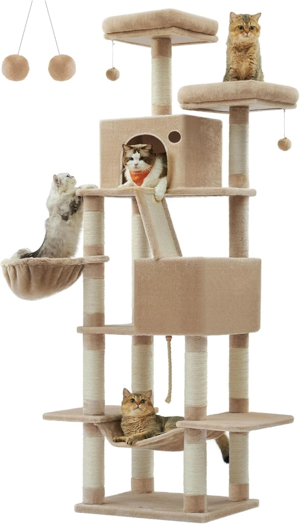 Feandrea Albero per Gatti, Alto 206 cm, Tiragraffi per Gatti Adulti, XXL, con 13 Graffiatoi, 2 Posatoi, 2 Grotte, Cesto, Pompon, in Peluche a Più Livelli per Interno, Marrone Cammello PCT190K01