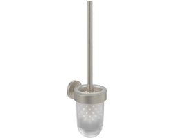 Set di spazzole per il water, supporto per spazzola per il water fissato alla parete, set di spazzole per il water con contenitore in vetro lucido a superficie satinata, rotondo, finitura nichelata a specchio.