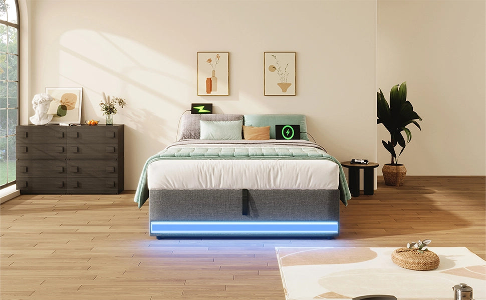 DESMIU Letto contenitore Letto singolo 90 × 200 cm con USB, Type-C, LED e tasche portaoggetti, senza materasso, grigio