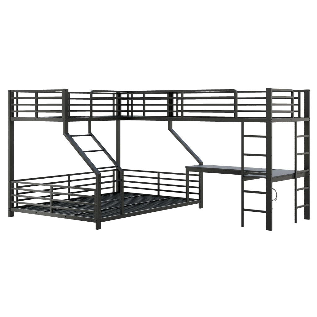 Letto a Castello 90x200 cm e 140x200 cm; 3 Posti - Scrivania; USB e Type-C - Nero
