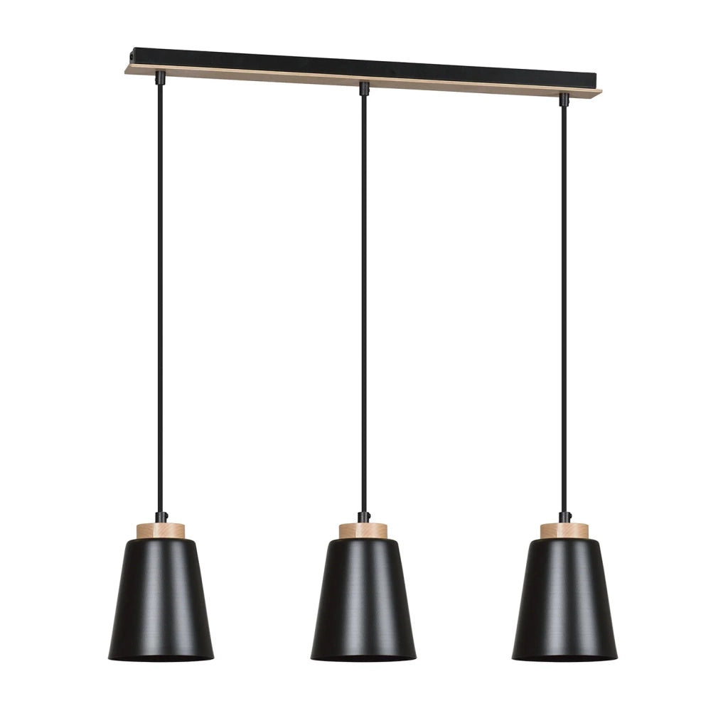 Lampadario 3 Luci Lancillotto Con Paralumi A Cono In Acciaio Nero E Legno Naturale