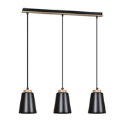 Lampadario 3 Luci Lancillotto Con Paralumi A Cono In Acciaio Nero E Legno Naturale