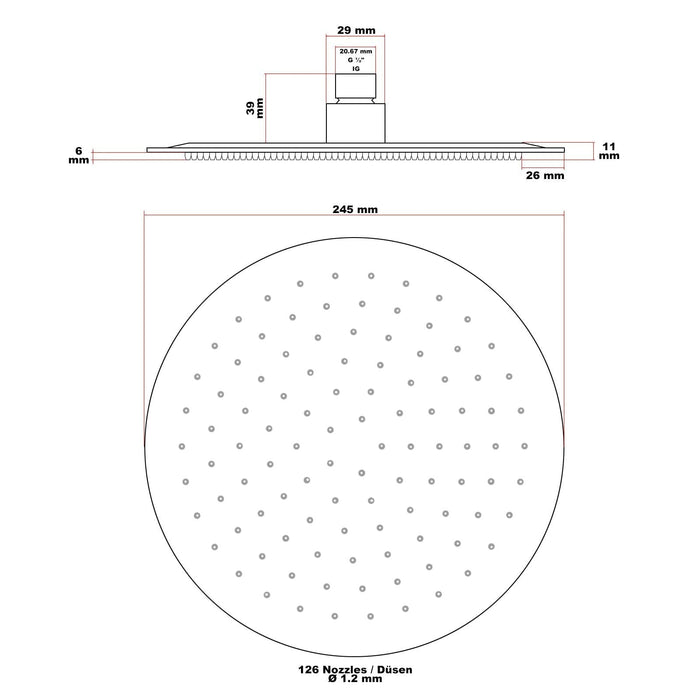 Soffione doccia tondo anticalcare da cm 25, doccia a pioggia