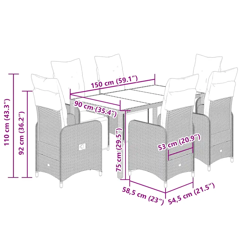Set da BistrÃ² da Giardino 7 pz con Cuscini Nero in Polyrattan