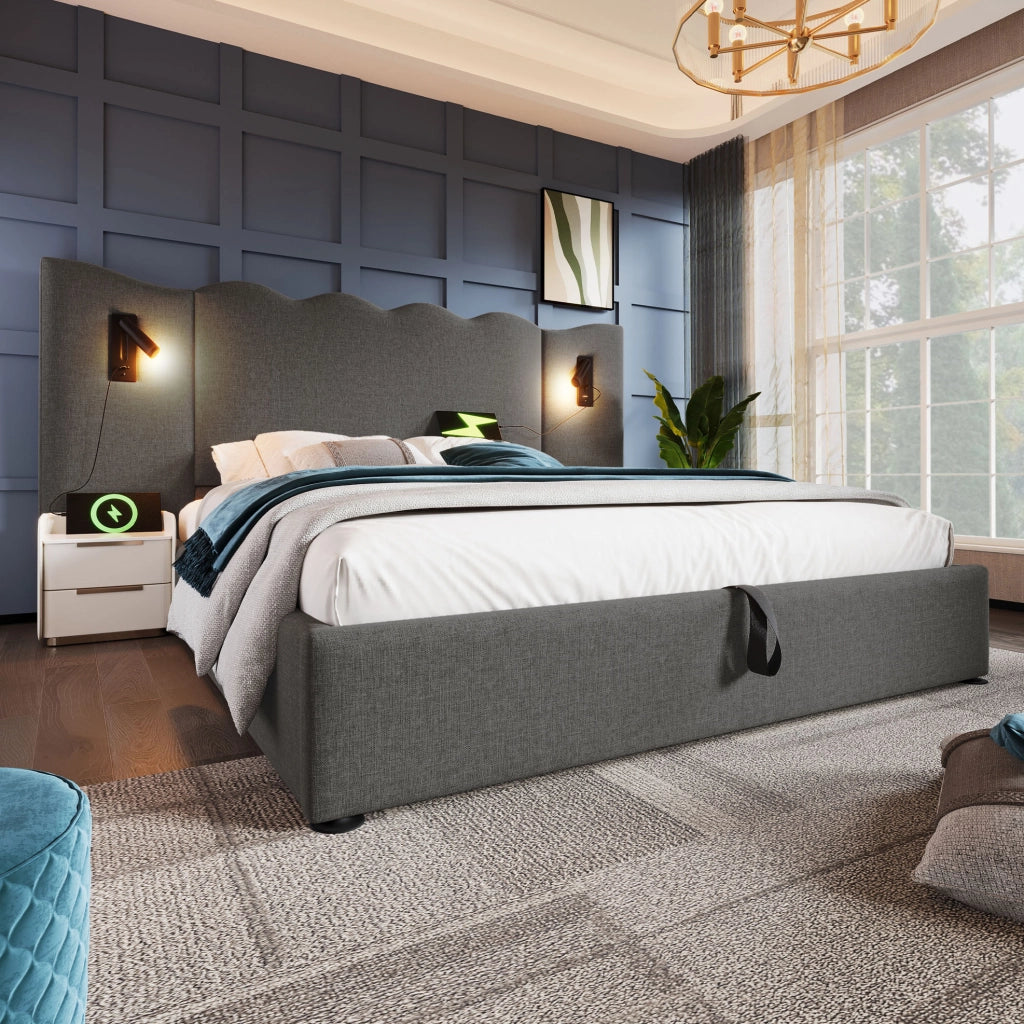 Letto imbottito 180 x 200 cm grigio con vano contenitore, luce e ricarica USB-C