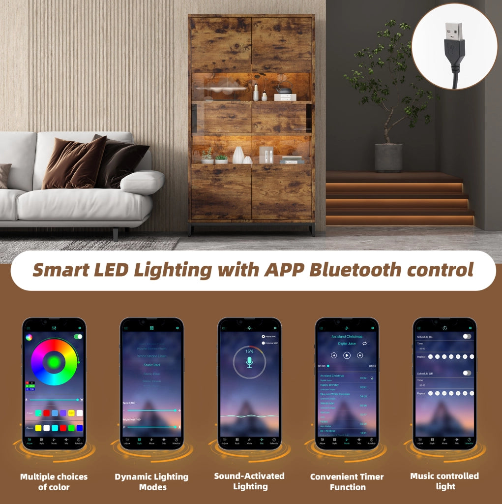 Vetrina 80 x 40 x 138 cm in MDF; con LED Bluetooth; 2 cassetti e ante in acrilico; nero effetto legno