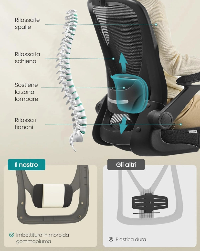 SONGMICS Sedia da Ufficio Girevole, Sedia di Rete da Computer Ergonomica, Supporto Lombare, Oscillante, Seduta 53 cm, Braccioli Pieghevoli, Nero OBN37BK