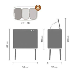 Brabantia Bo Touch Bin with Plastic Buckets, 3 x 11 L-Platinum, Steel, 3 Inner