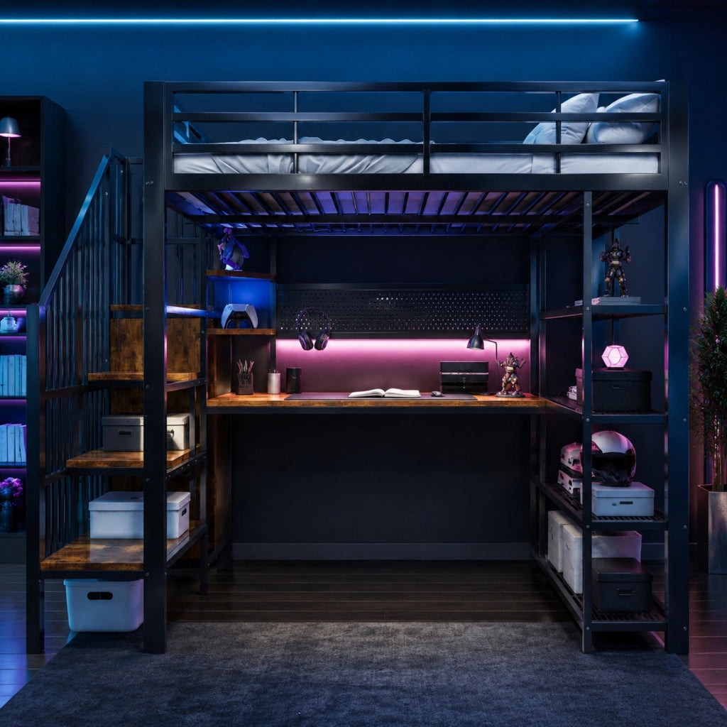 Letto a soppalco 140x200 cm in metallo nero con scrivania e LED