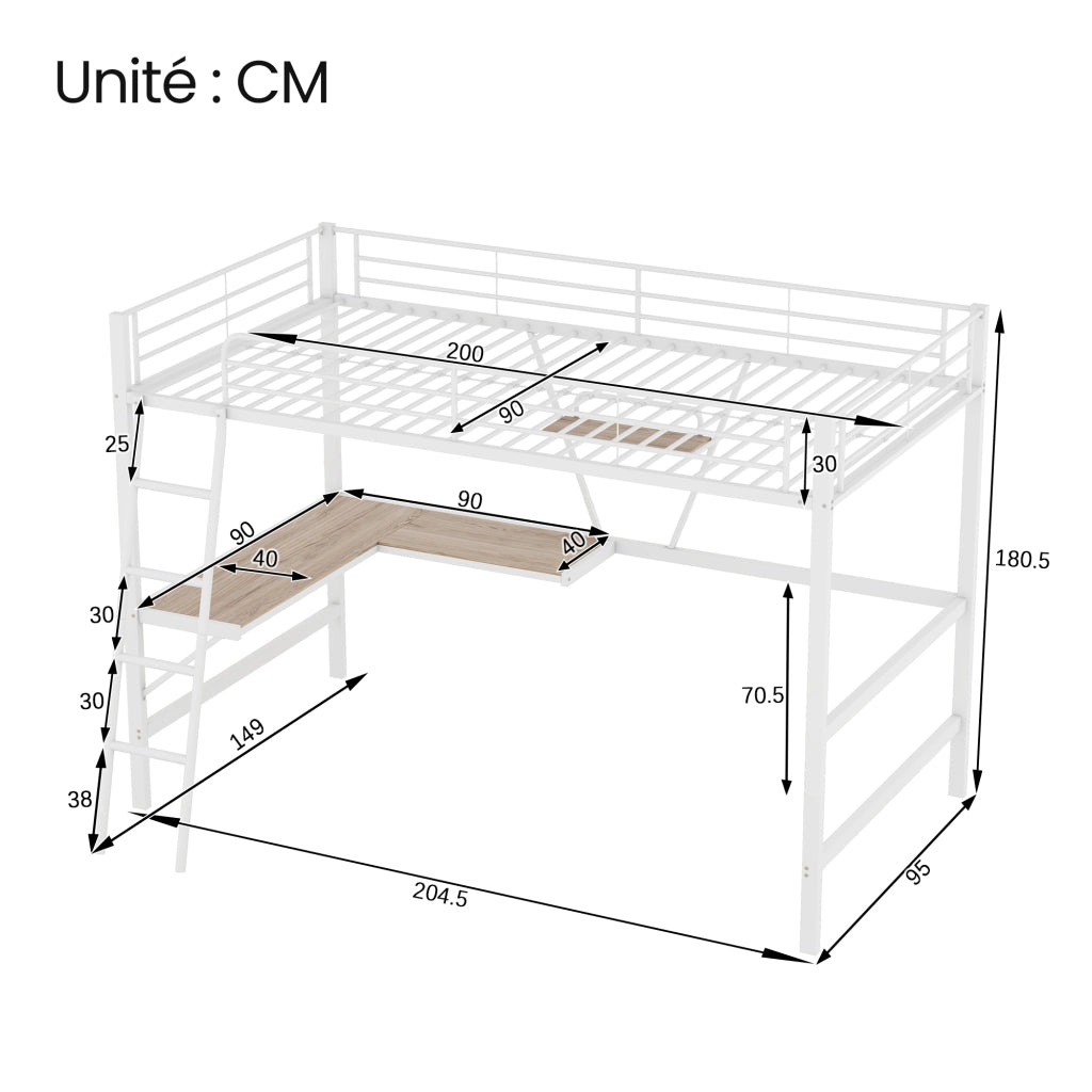 Letto a Soppalco Singolo con Scrivania a L e Scaffale; 90×200 cm; senza Materasso; Metallo; Bianco