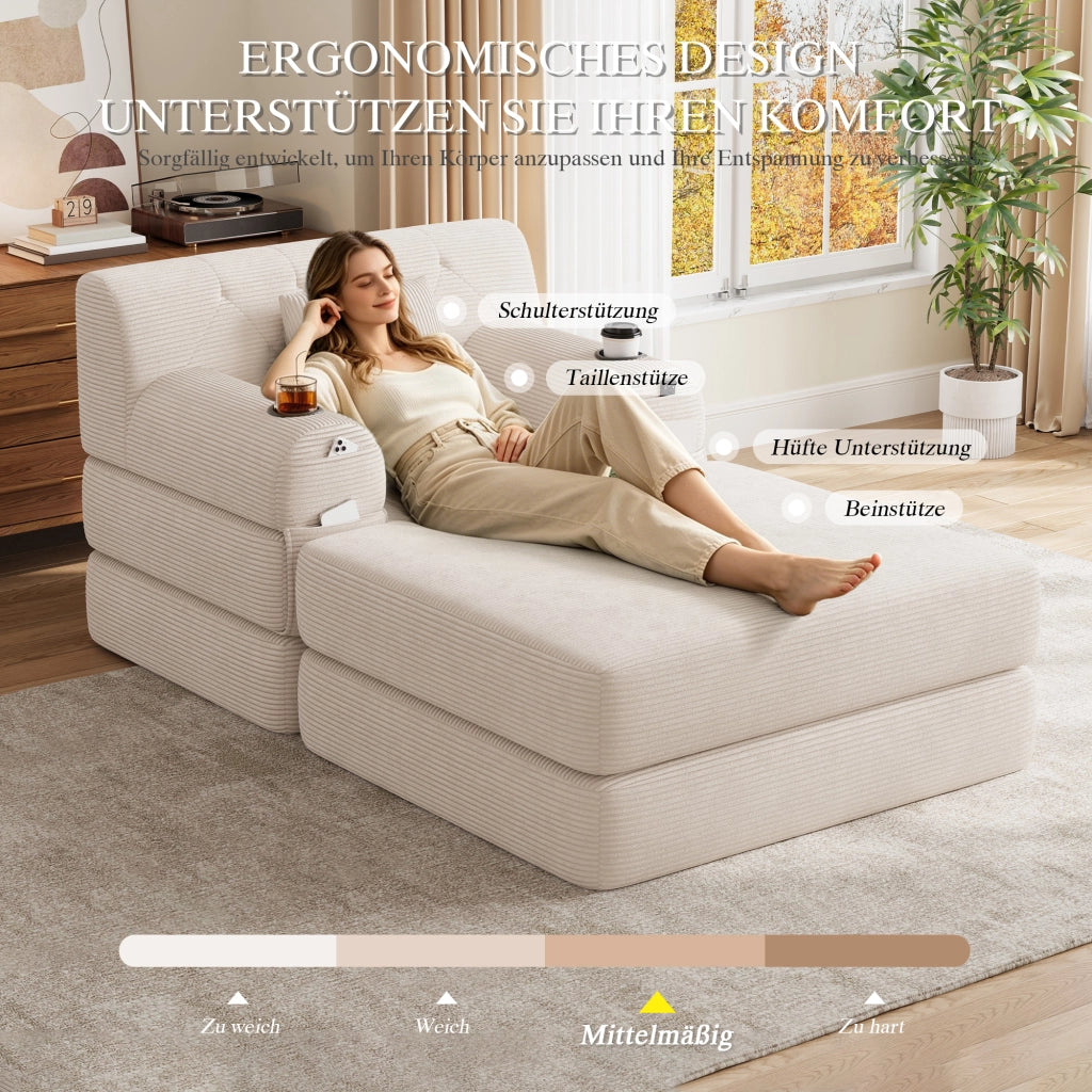 Poltrona letto 1 posto - con funzione letto e tasche laterali - in tessuto a coste beige