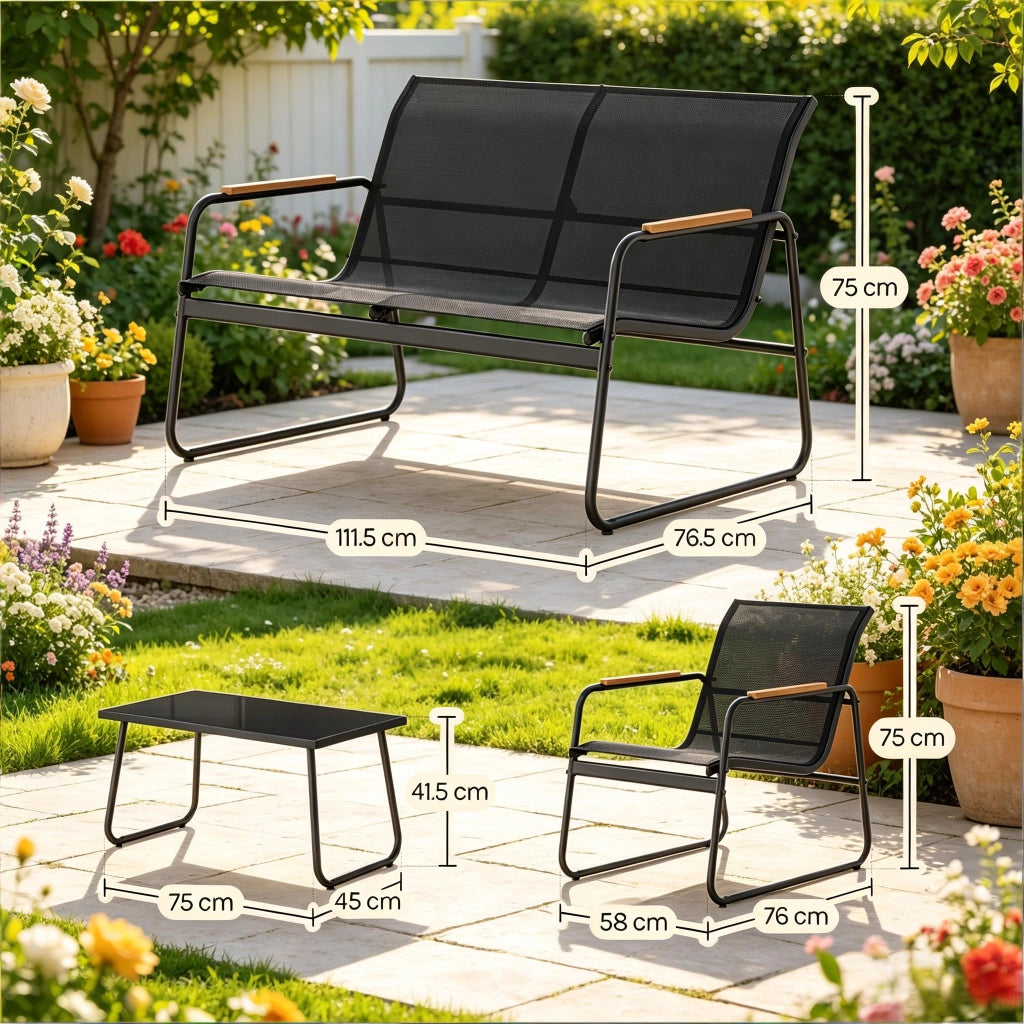 Set relax da esterno con divanetto, 2 poltrone e tavolino in metallo e vetro temperato nero