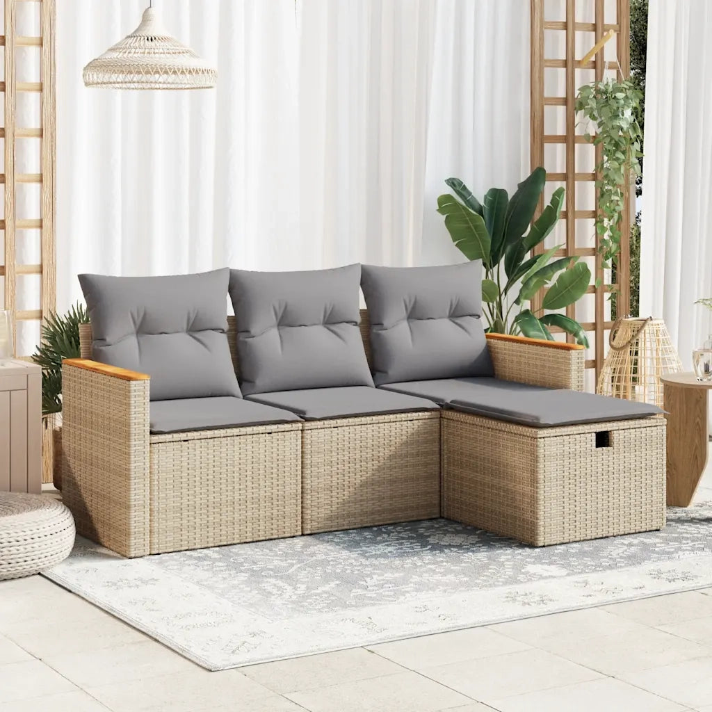Set Divano da Giardino 4 pz | Set Salotto da Giardino con Cuscini Beige in Polyrattan