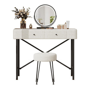 Toilette con illuminazione e sgabello - Xylo - Specchio LED, 2 cassetti, piano marmo, moderno, decor polare, nero e bianco, 100x40x120cm