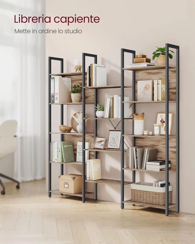 VASAGLE Libreria con 14 ripiani, struttura in metallo, scaffale per soggiorno, casa, ufficio, stile industriale, 24 x 158 x 166 cm, marrone cammello e nero inchiostro, LLS107K01
