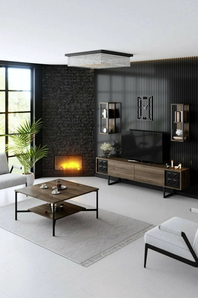 Mobile porta TV Axa, Credenza da soggiorno, Armadio basso per TV, Base parete attrezzata, 180x30h48 cm, Noce e Nero
